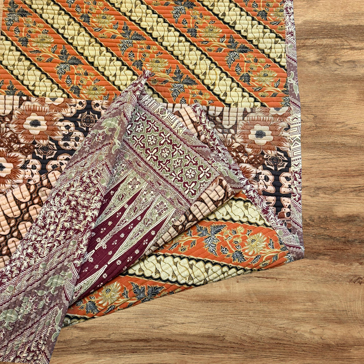 Vintage Batik Patchwork Rug, Indonesian Handmade Carpet Runner, Floral Geometric Upcycled  Fabric