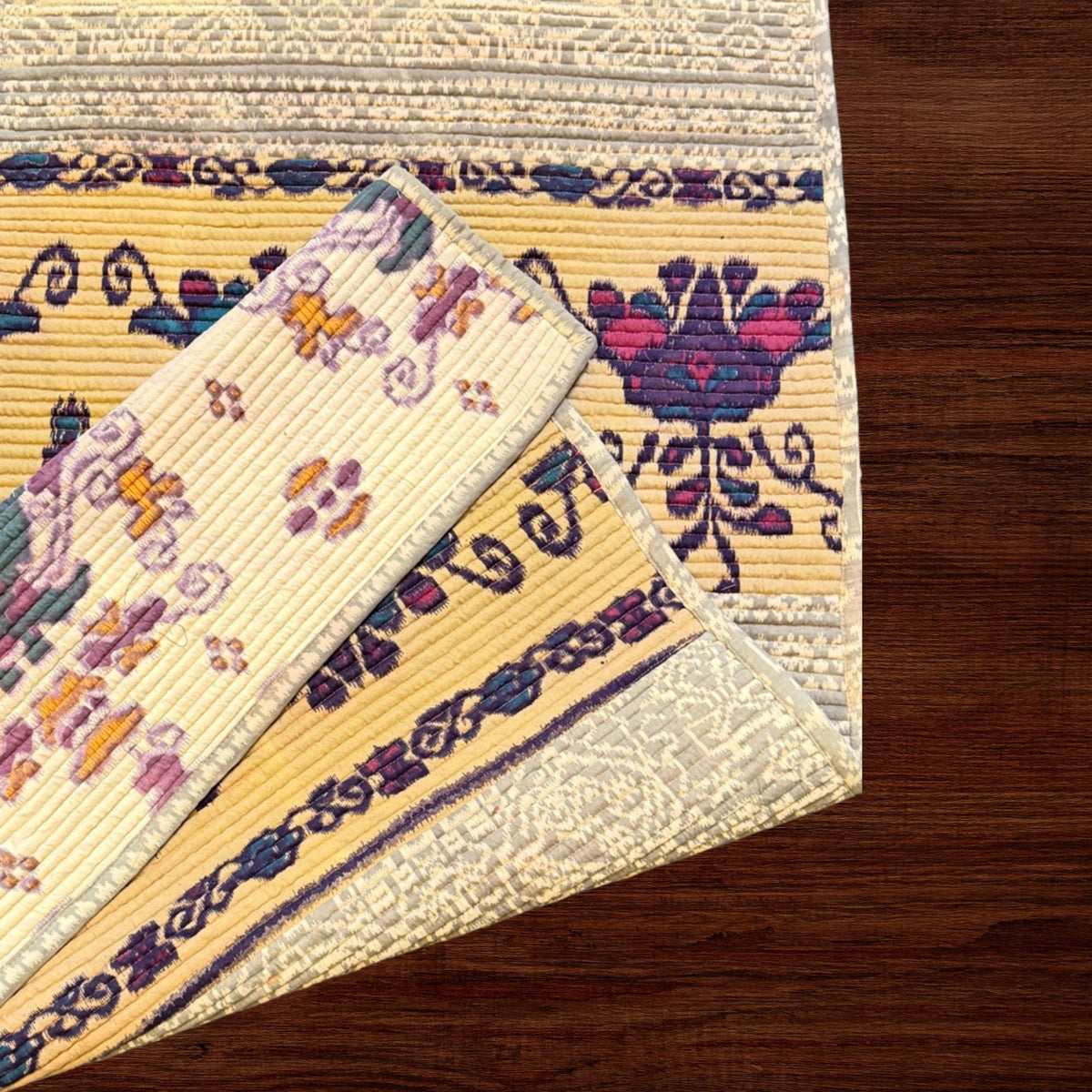 Vintage Batik Patchwork Rug, Indonesian Handmade Carpet Runner, Floral Geometric Upcycled  Fabric