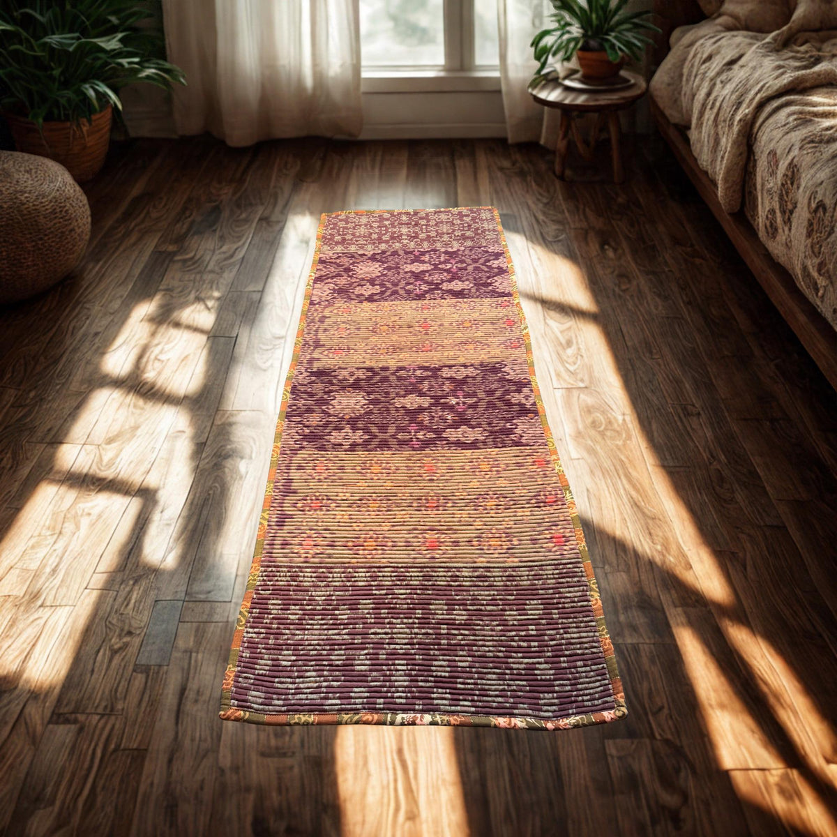 Vintage Batik Patchwork Rug, Indonesian Handmade Carpet Runner, Floral Geometric Upcycled  Fabric