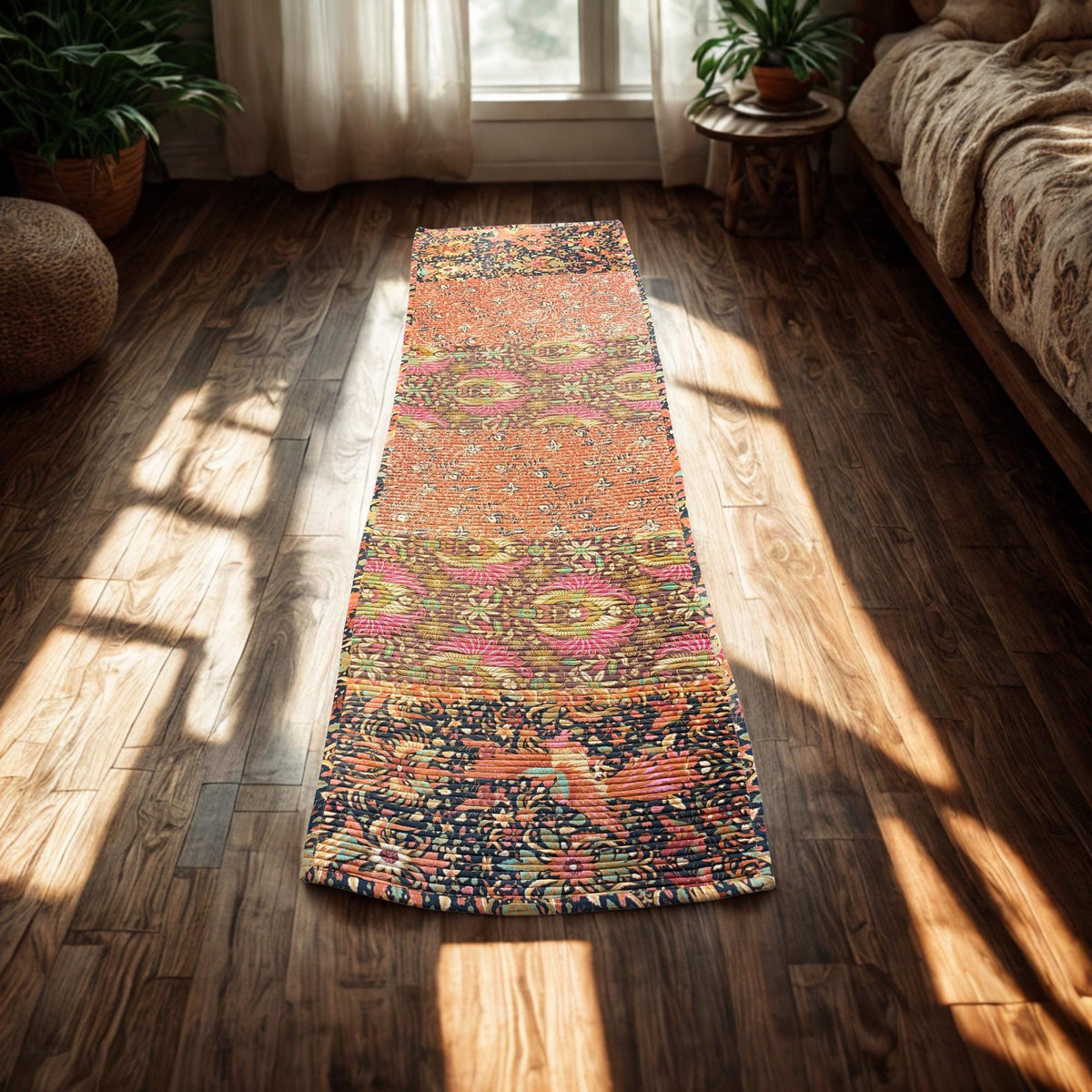 Vintage Batik Patchwork Rug, Indonesian Handmade Carpet Runner, Floral Geometric Upcycled  Fabric