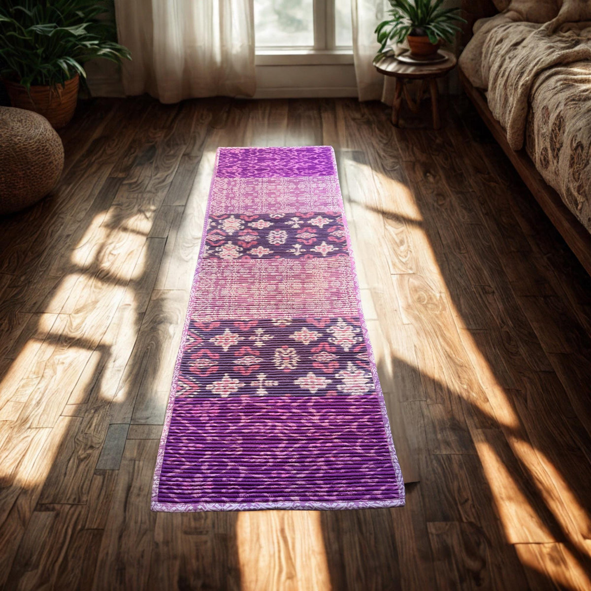Vintage Batik Patchwork Rug, Indonesian Handmade Carpet Runner, Floral Geometric Upcycled  Fabric