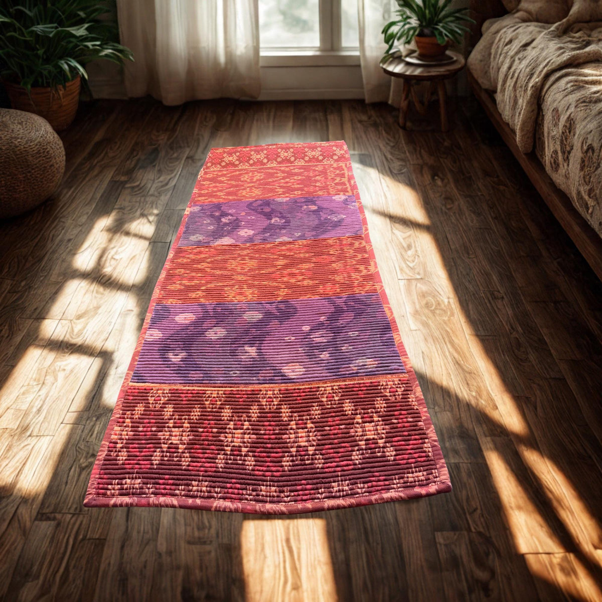 Vintage Batik Patchwork Rug, Indonesian Handmade Carpet Runner, Floral Geometric Upcycled  Fabric