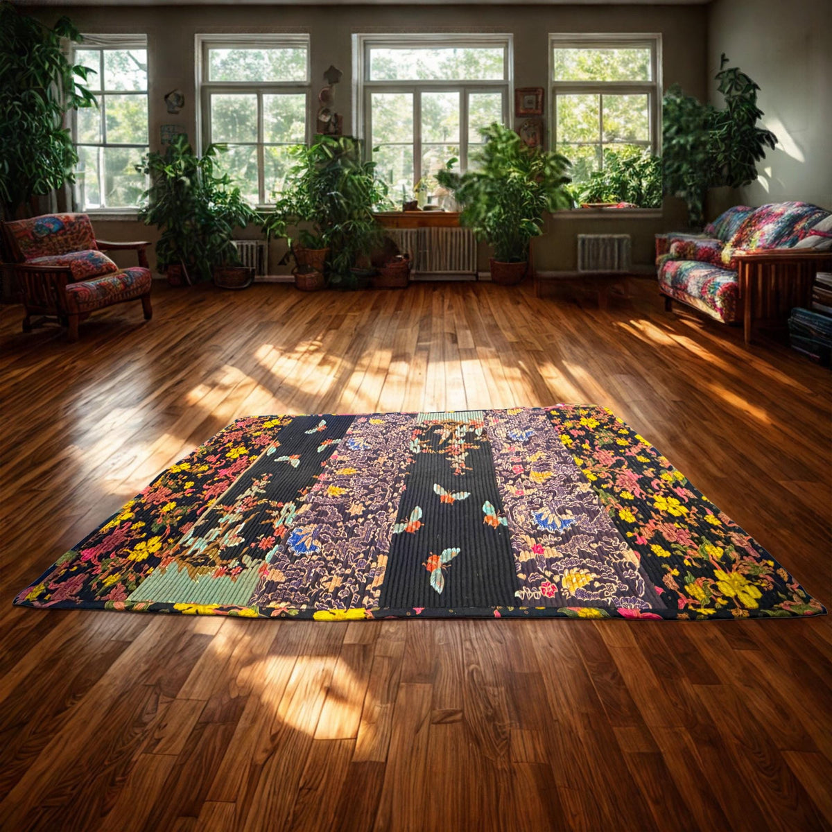 Vintage Batik Patchwork Accent Rug, Indonesian Handmade Carpet, Floral Geometric Upcycled  Fabric