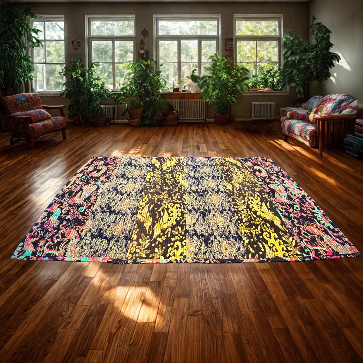 Vintage Batik Patchwork Accent Rug, Indonesian Handmade Carpet, Floral Geometric Upcycled  Fabric