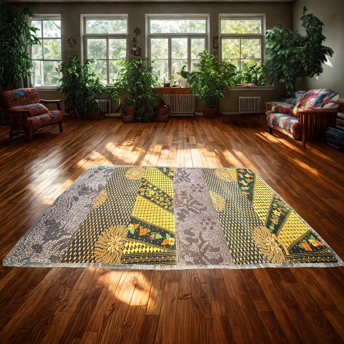 Vintage Batik Patchwork Accent Rug, Indonesian Handmade Carpet, Floral Geometric Upcycled  Fabric