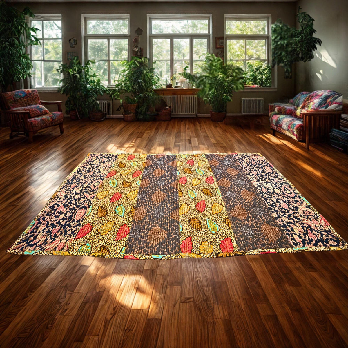 Vintage Batik Patchwork Accent Rug, Indonesian Handmade Carpet, Floral Geometric Upcycled  Fabric