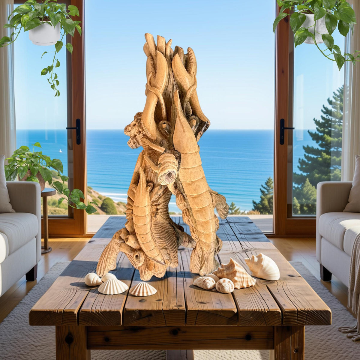 Hand Carved Lobster and Sea Turtle Wood Sculpture, Nautical Ocean Decor, Marine life Art