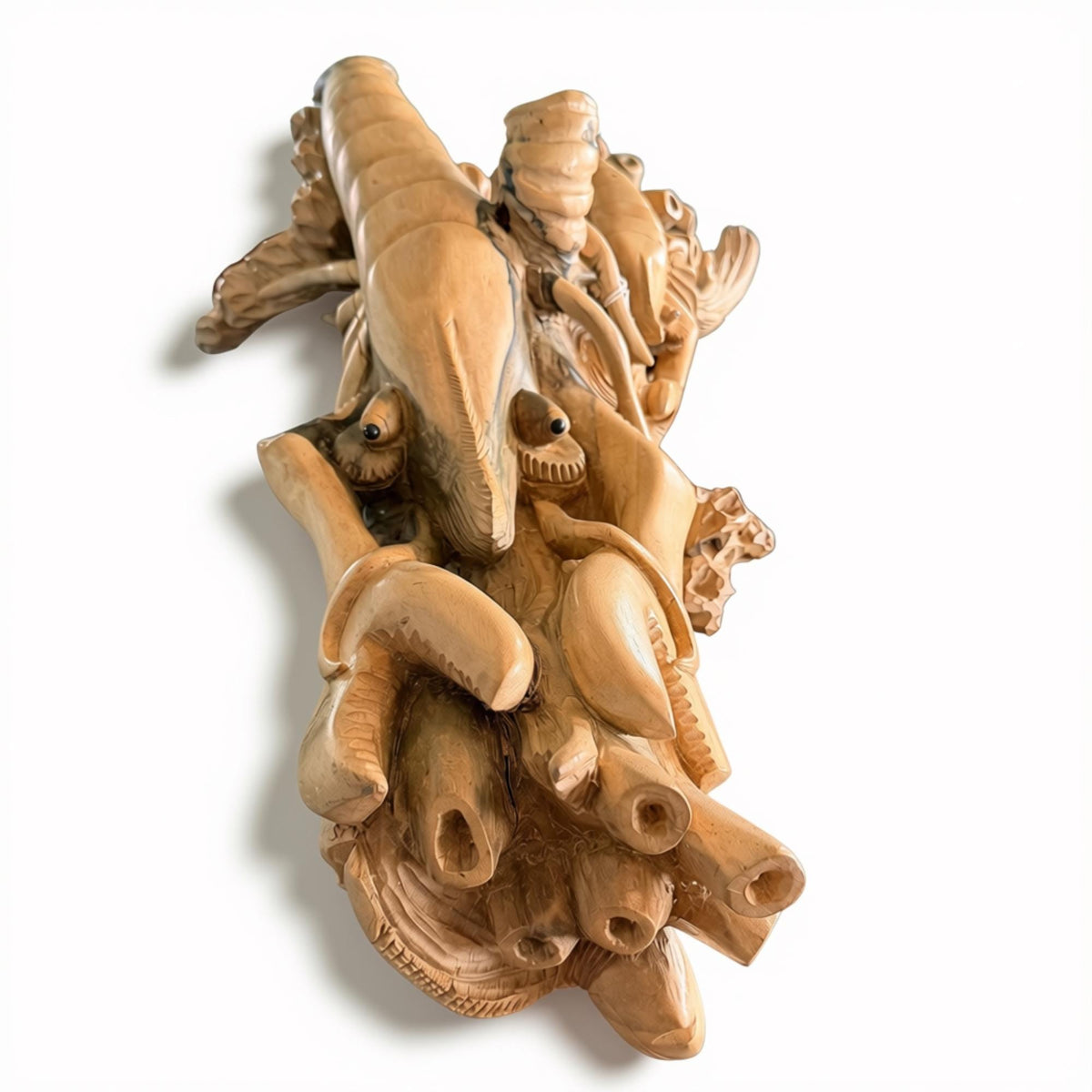 Hand Carved Lobster and Sea Turtle Wood Sculpture, Nautical Ocean Decor, Marine life Art