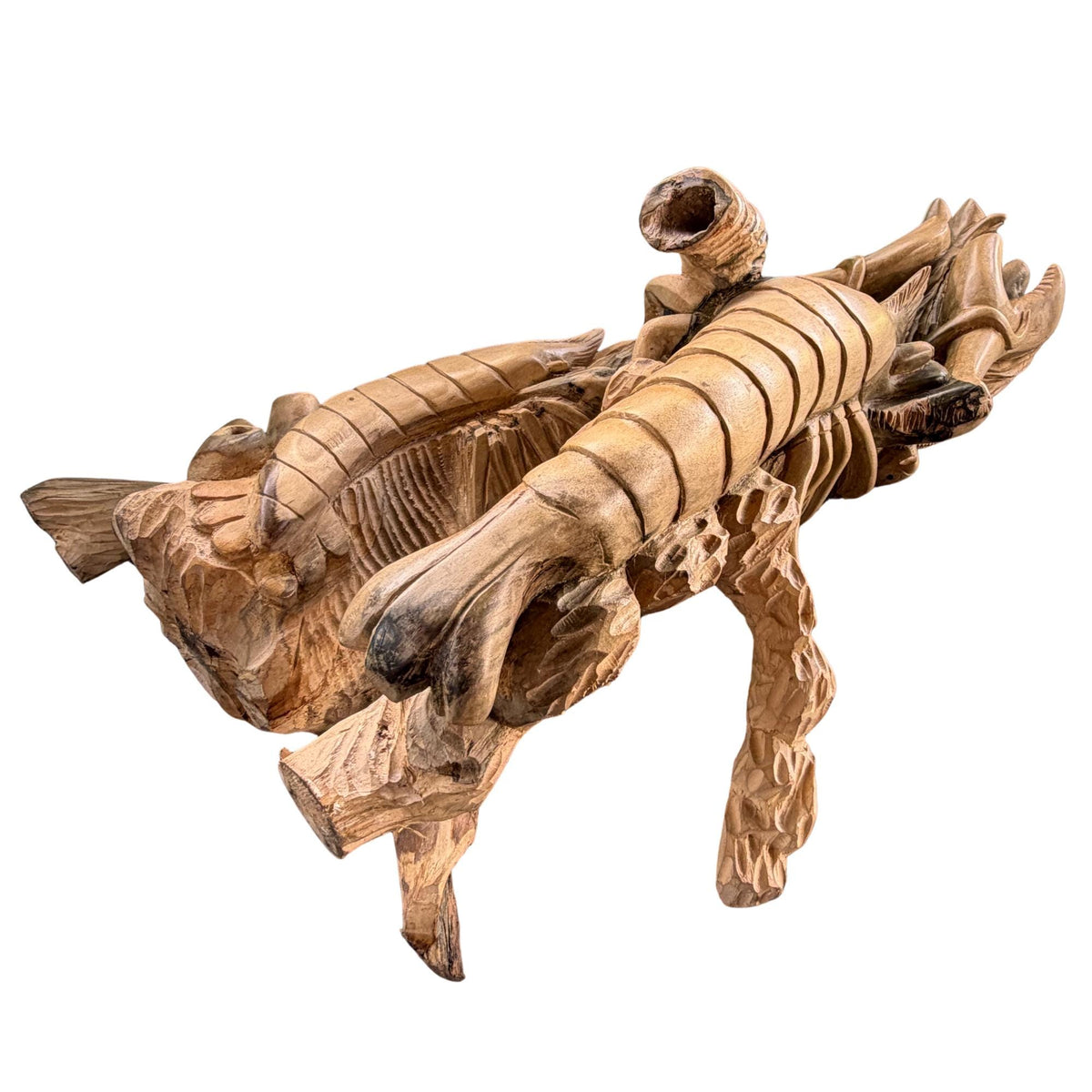 Hand Carved Lobster and Sea Turtle Wood Sculpture, Nautical Ocean Decor, Marine life Art
