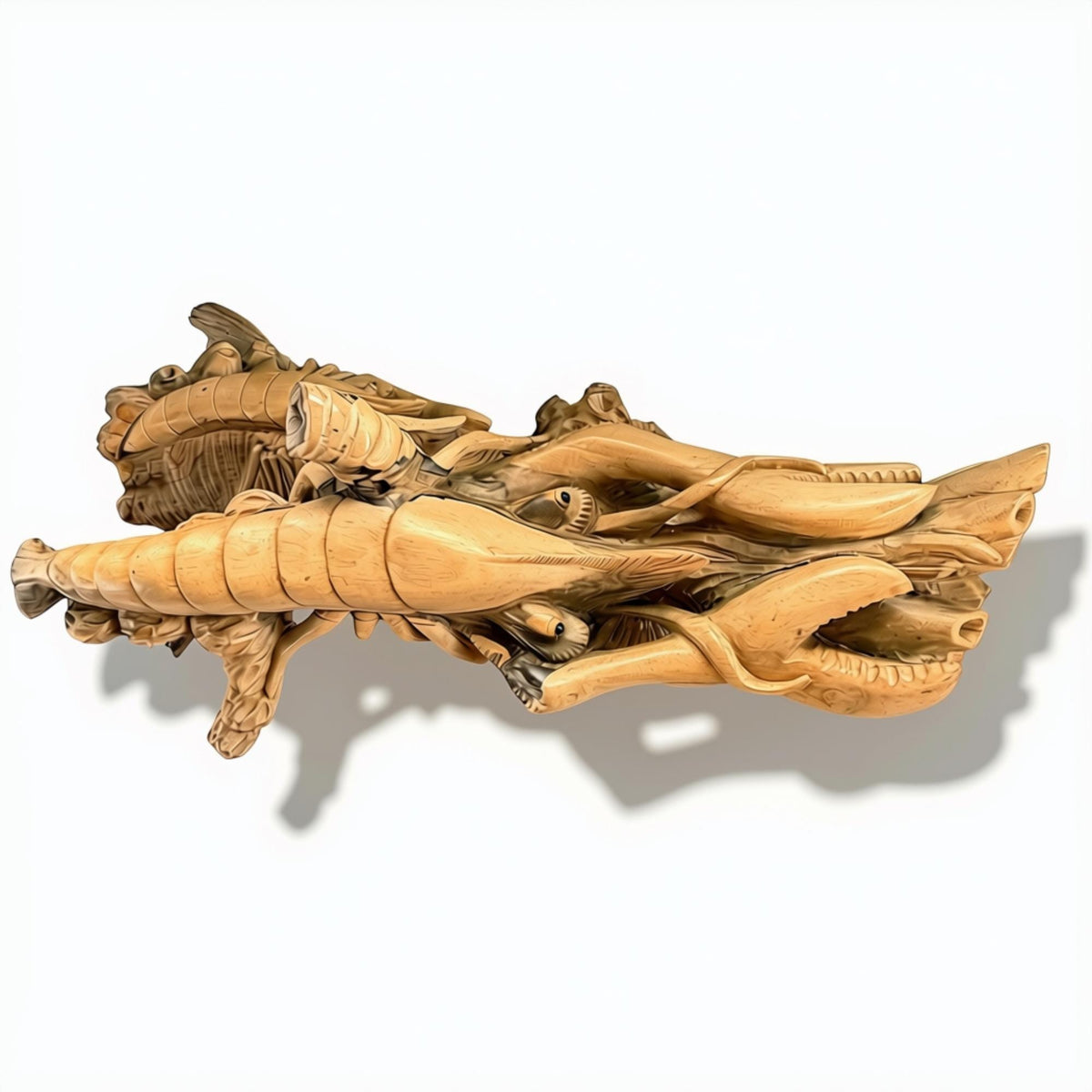 Hand Carved Lobster and Sea Turtle Wood Sculpture, Nautical Ocean Decor, Marine life Art