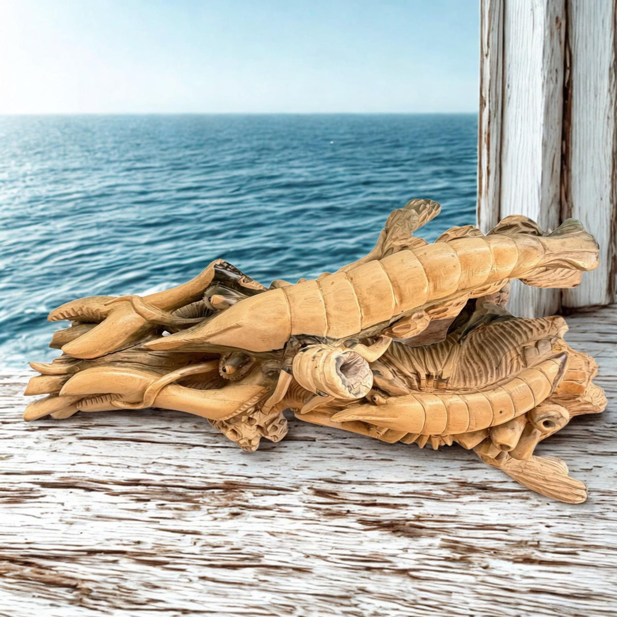 Hand Carved Lobster and Sea Turtle Wood Sculpture, Nautical Ocean Decor, Marine life Art