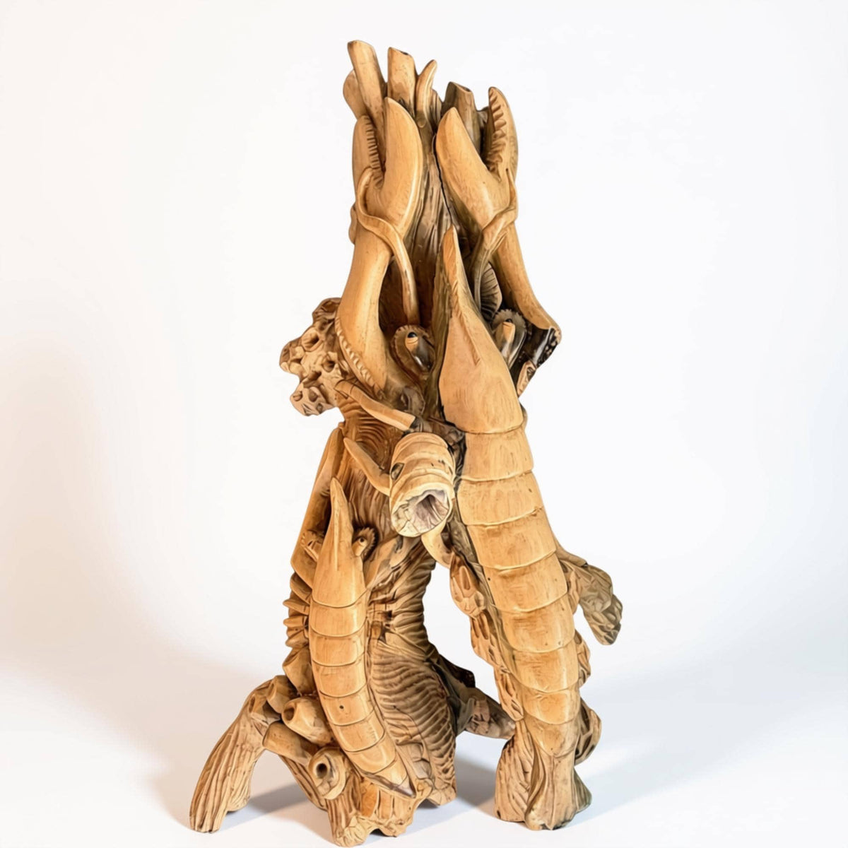 Hand Carved Lobster and Sea Turtle Wood Sculpture, Nautical Ocean Decor, Marine life Art