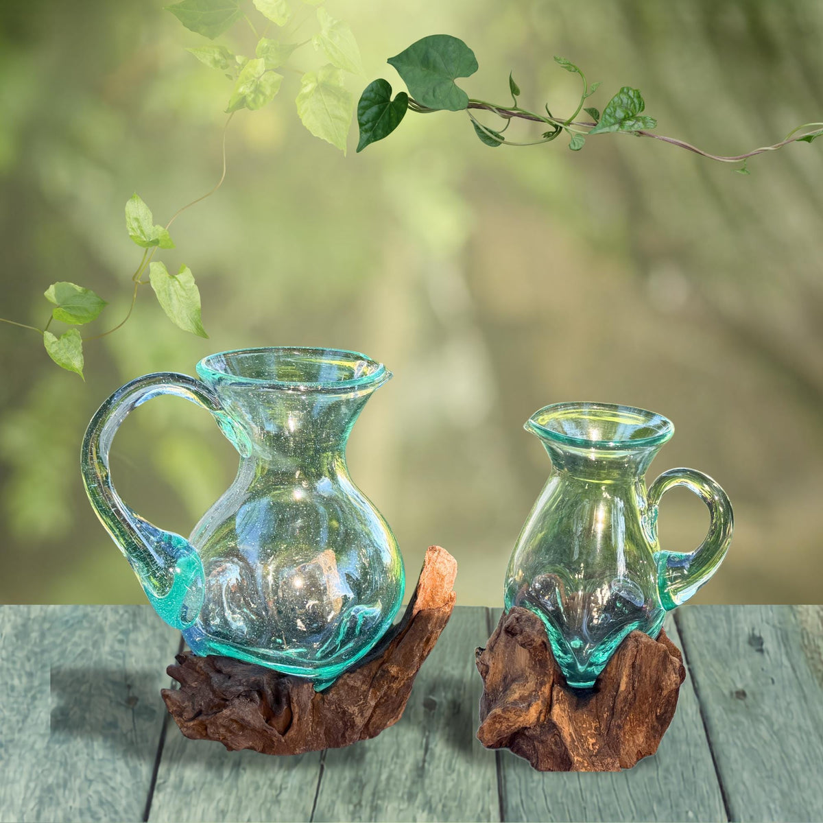 Hand Blown  Glass Maple Syrup Pitcher: Drink Jug, Molten Glass Slumped on Reclaimed Teak Wood