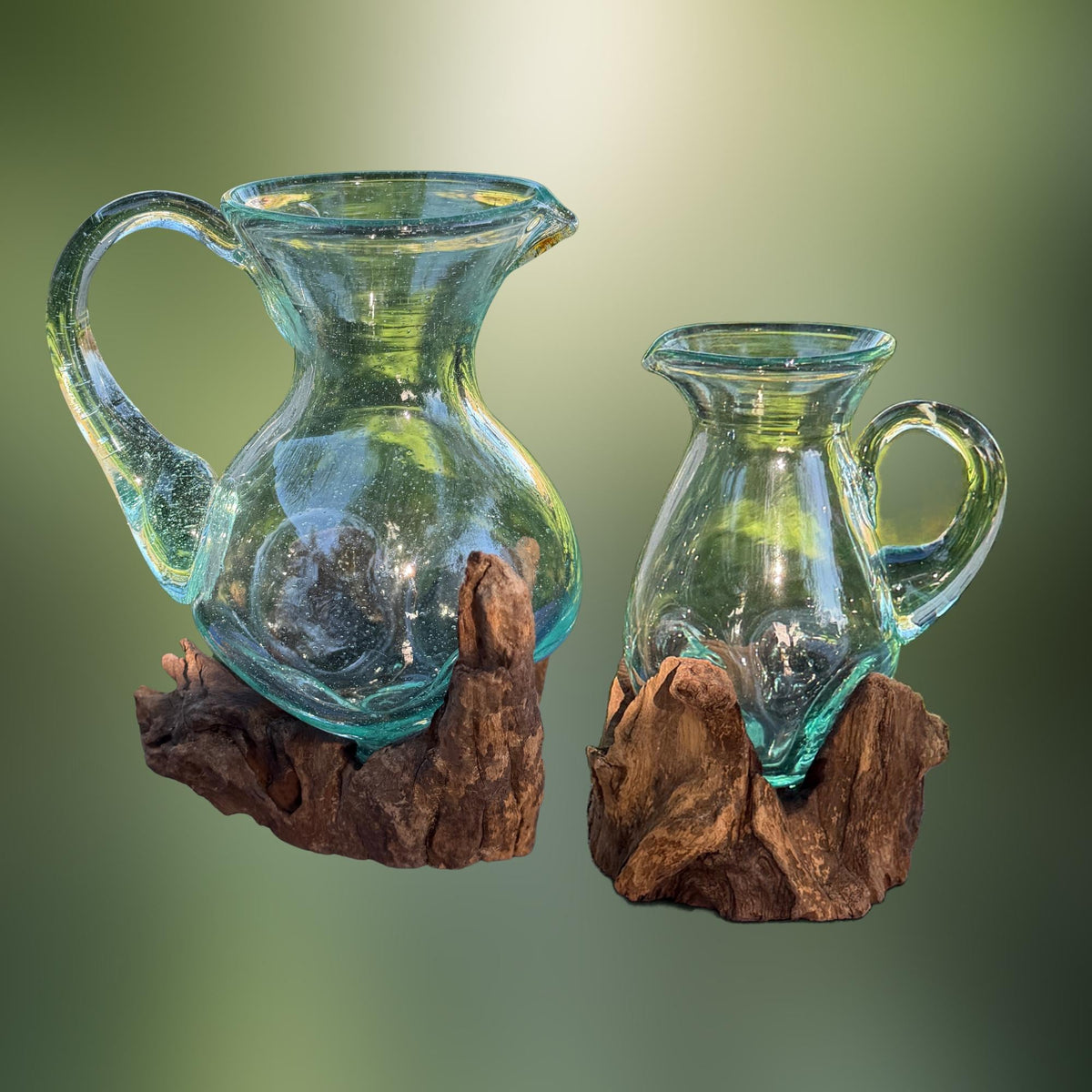 Hand Blown  Glass Maple Syrup Pitcher: Drink Jug, Molten Glass Slumped on Reclaimed Teak Wood