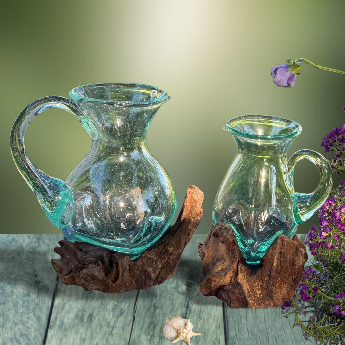 Hand Blown  Glass Maple Syrup Pitcher: Drink Jug, Molten Glass Slumped on Reclaimed Teak Wood