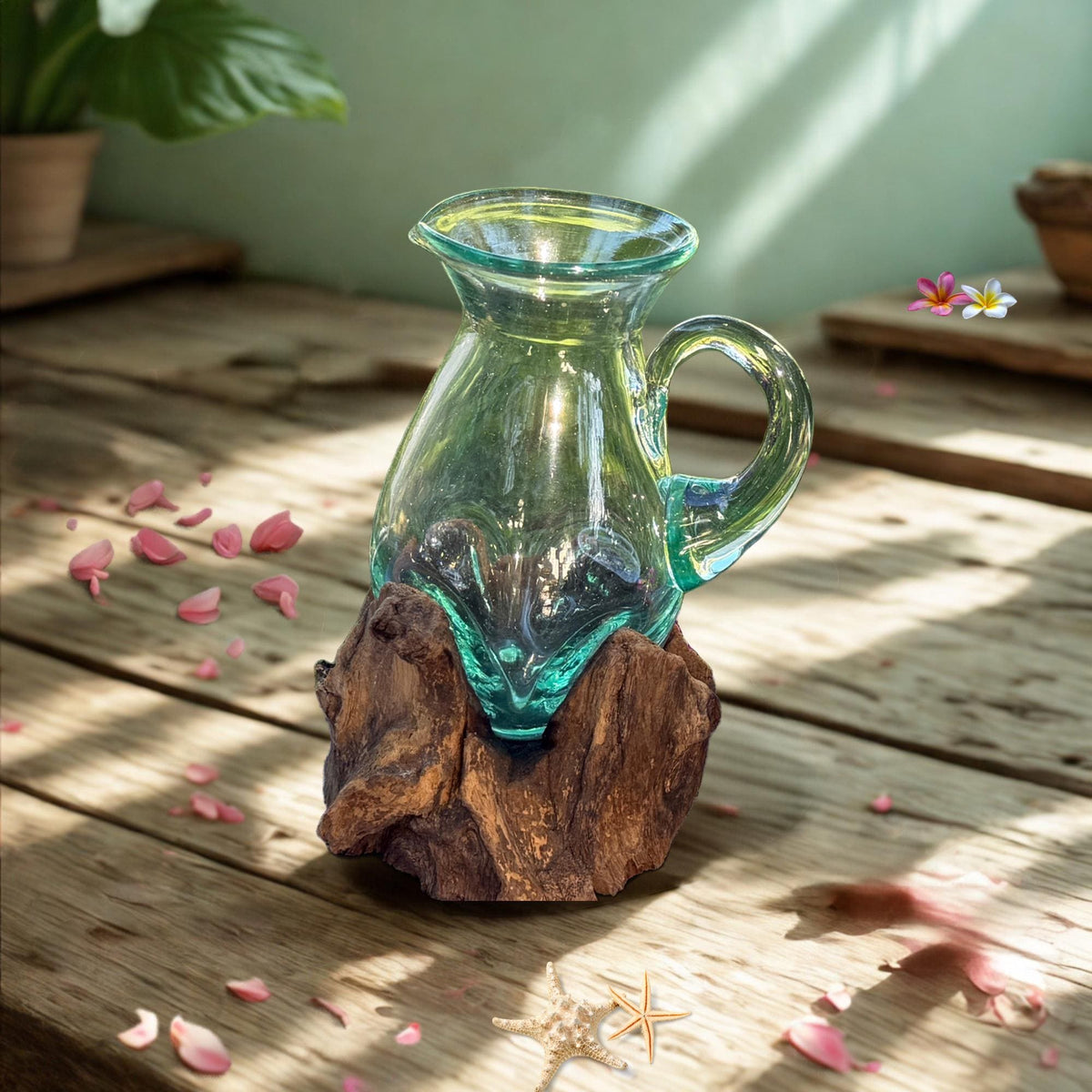 Hand Blown  Glass Maple Syrup Pitcher: Drink Jug, Molten Glass Slumped on Reclaimed Teak Wood