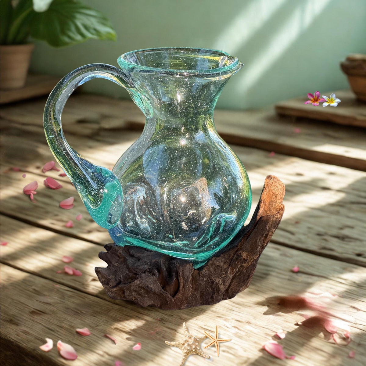 Hand Blown  Glass Maple Syrup Pitcher: Drink Jug, Molten Glass Slumped on Reclaimed Teak Wood