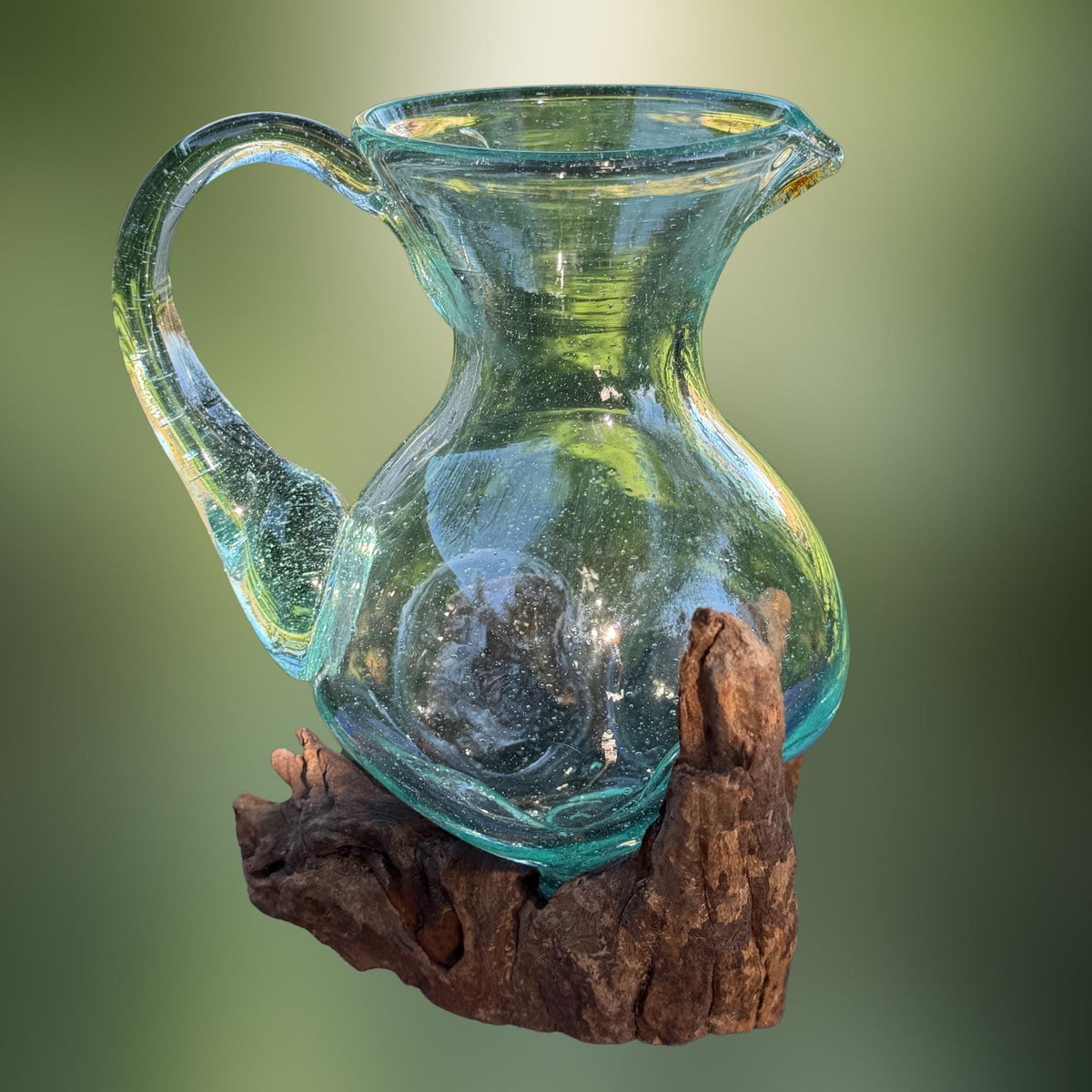 Hand Blown  Glass Maple Syrup Pitcher: Drink Jug, Molten Glass Slumped on Reclaimed Teak Wood