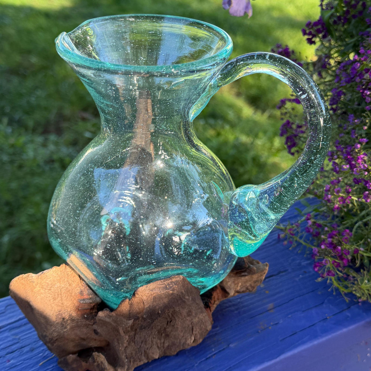 Hand Blown  Glass Maple Syrup Pitcher: Drink Jug, Molten Glass Slumped on Reclaimed Teak Wood