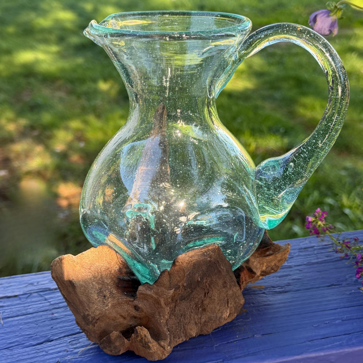 Hand Blown  Glass Maple Syrup Pitcher: Drink Jug, Molten Glass Slumped on Reclaimed Teak Wood