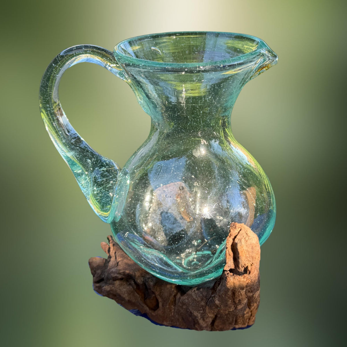 Hand Blown  Glass Maple Syrup Pitcher: Drink Jug, Molten Glass Slumped on Reclaimed Teak Wood