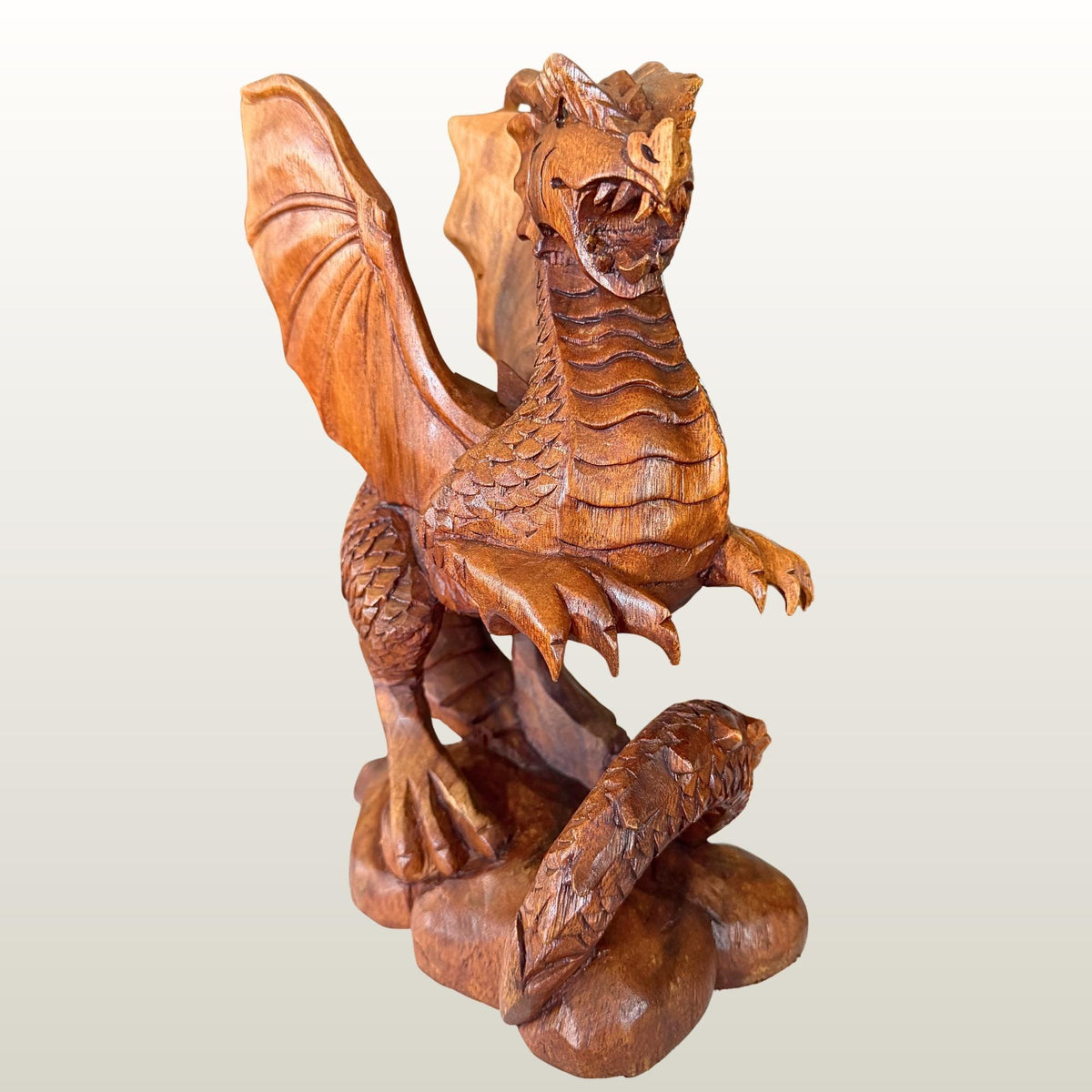 Gothic Winged Dragon Wood Carving Statue:  Carved Sculpture, Mythical Art