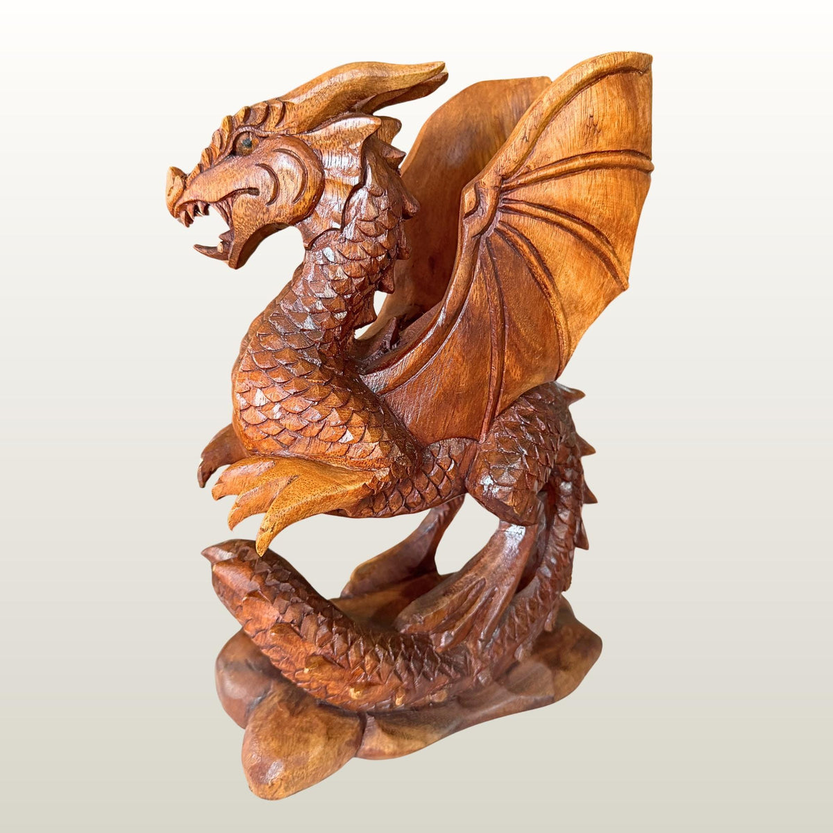 Gothic Winged Dragon Wood Carving Statue:  Carved Sculpture, Mythical Art
