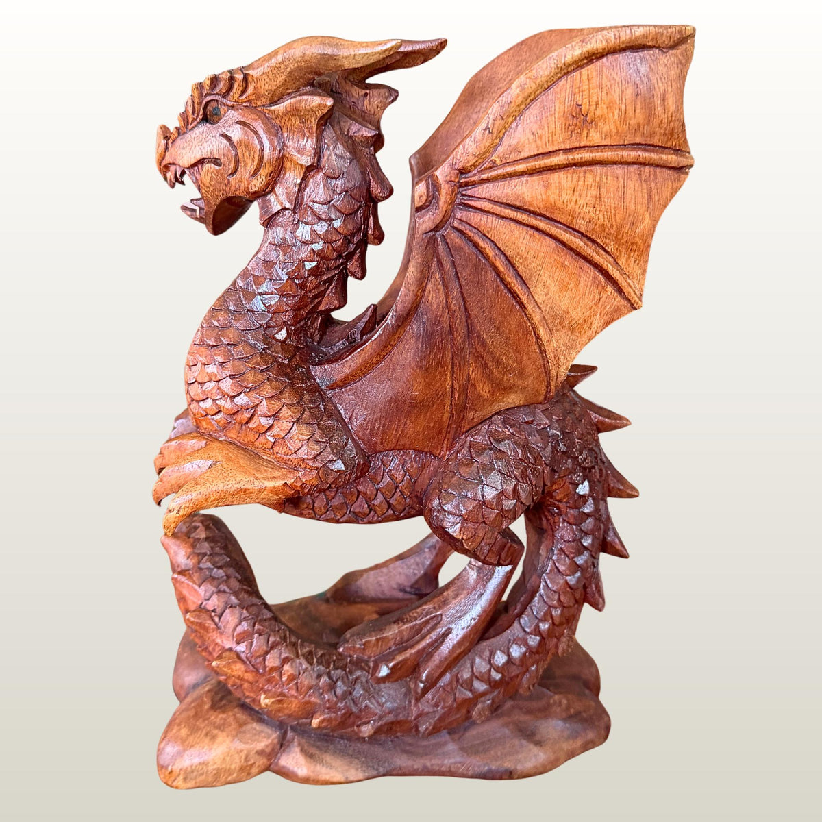 Gothic Winged Dragon Wood Carving Statue:  Carved Sculpture, Mythical Art