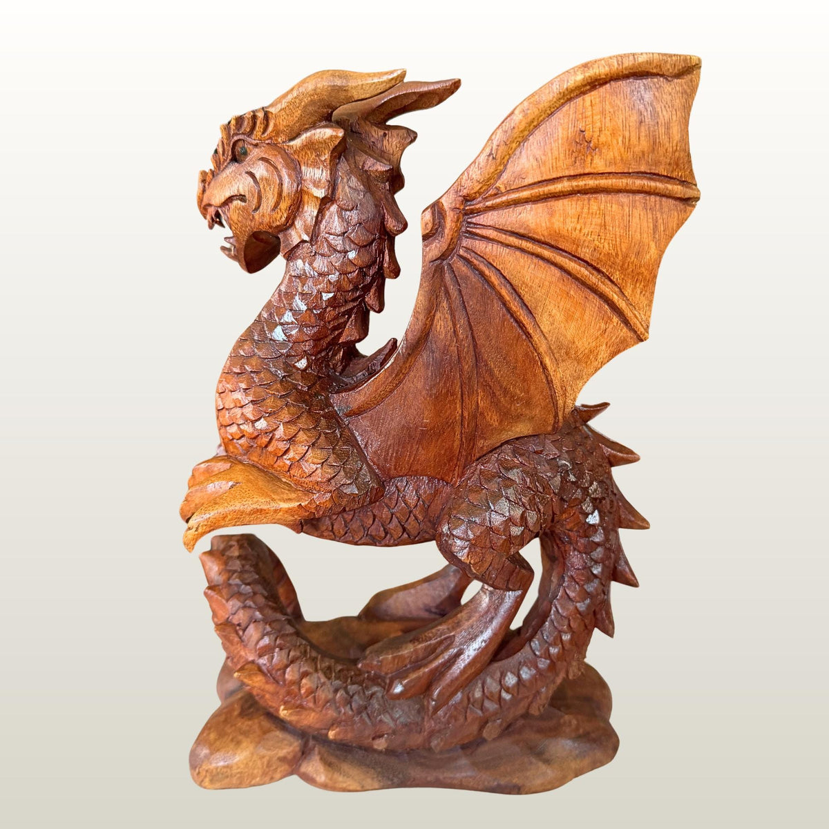 Gothic Winged Dragon Wood Carving Statue:  Carved Sculpture, Mythical Art