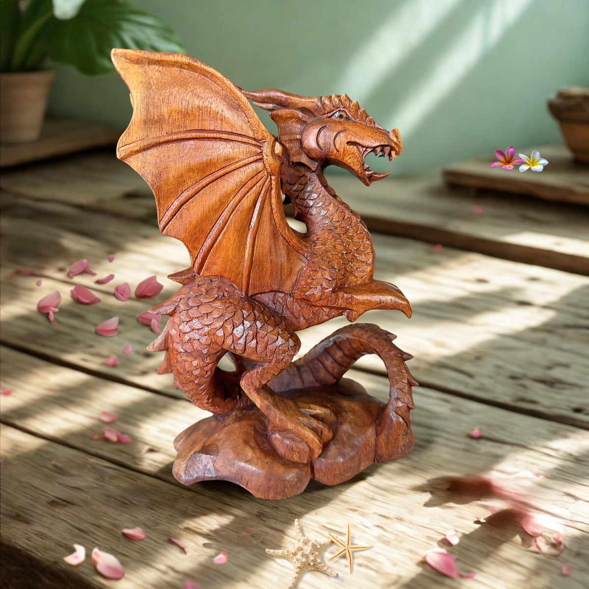Gothic Winged Dragon Wood Carving Statue:  Carved Sculpture, Mythical Art