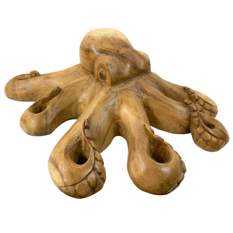 Octopus Wood carving Sculpture Sea-life Cephalopod Kraken Hand Carved statue Table top art Bali Nautical Beach decor