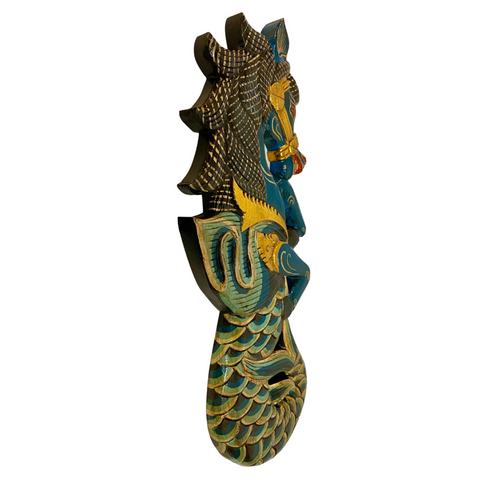 Balinese Winged Seahorse Panel Merhorse Mermaid Hand Carved Painted Decorative Wall Folk Art Teal