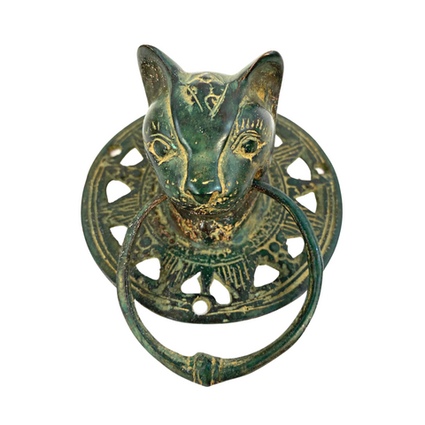 Cat Door Knocker handle knob Pull lost wax Cast Verdigris Bronze Bali Art