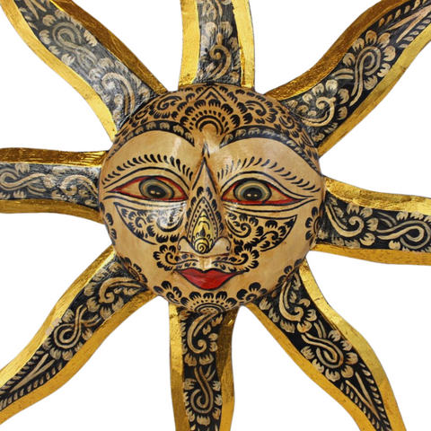 Tattoo SUN Surya Sunburst Hand Carved Wood Wall Art Plaque Celestial Balinese Folk Art