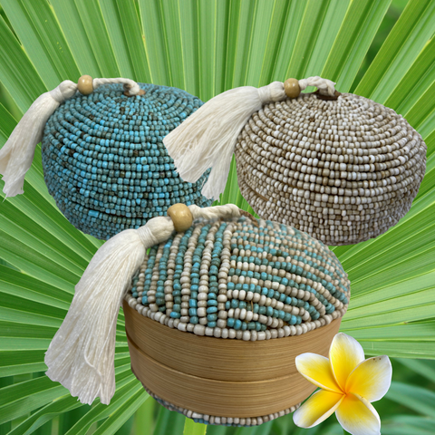 Balinese Offering Basket Hand Woven Beaded Bamboo Stash Box Trinket box Jewelry