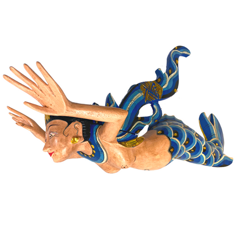 Flying Mermaid Mobile Winged Spiritchaser Carved wood Balinese Folk art 18" Teal