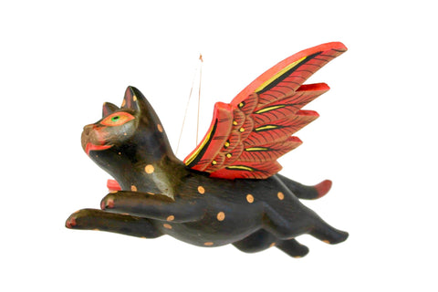 Winged BLACK CAT MOBILE Flying Demon Chaser carved wood Balinese Folk Art 8" - Acadia World Traders