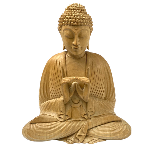 Meditating Buddha Statue Wishing Jewel Mudra Carved wood Sculpture Bali Art 8.75