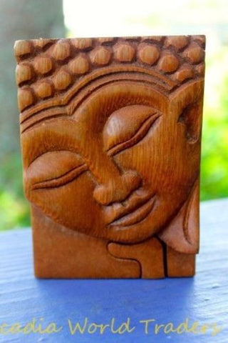 Buddha secret puzzle Box Stash Trinket jewelry hand carved wood Bali art