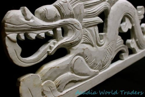 Balinese Dragon Naga Panel Whitewash Rustic carved wood Bali Wall Art left 39" - Acadia World Traders