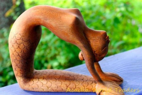 Yoga Mermaid Statue Figurine Ustrasana Pose Hand Made Carved Wood Balinese Art