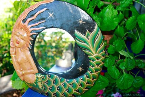 Balinese Folkloric Mermaid Goddess Mirror Hand Carved Wood Bali Folk art 12"