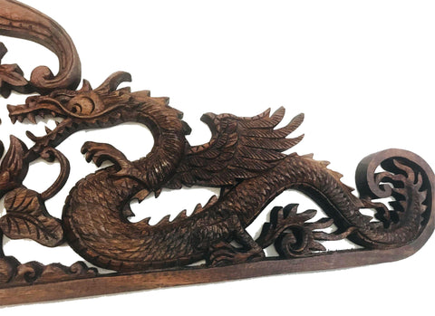 Balinese Twin Dragon Naga Wall Art Relief Panel Hand Carved Wood Asian Decor