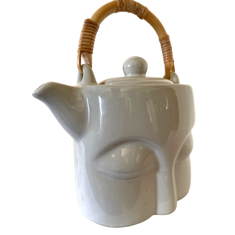 Wise Buddha Eyes Teapot Tea Pot Handmade Ceramic White Glazed Pottery Bali Art