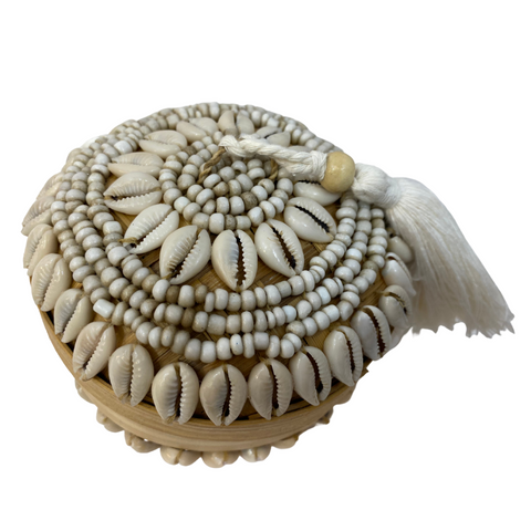 Balinese Offering Basket Hand Woven Beaded Cowry Shell Bamboo Stash Box Trinket