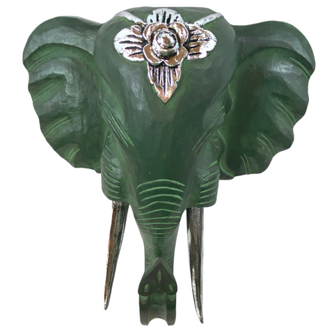 Elephant Ganesh Mask wall art Hand Carved wood Balinese sculpture Decor Green 20"