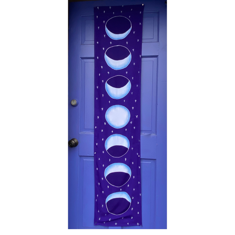Lunar Moon Phase Celestial Wall Hanging Banner Handmade Blue Batik Boho Decor