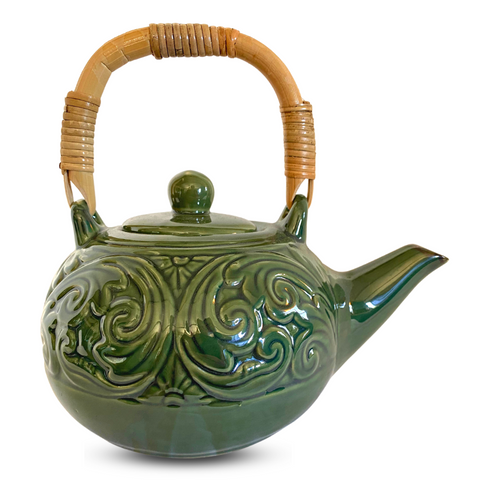 Balinese Flora Carved Teapot Ceramic Handcrafted Pottery Celadon Green Eclectic Decor