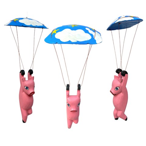 Parachuting Pink Pig Mobile Skydiving Animal Hand Carved Wood Balinese folk art