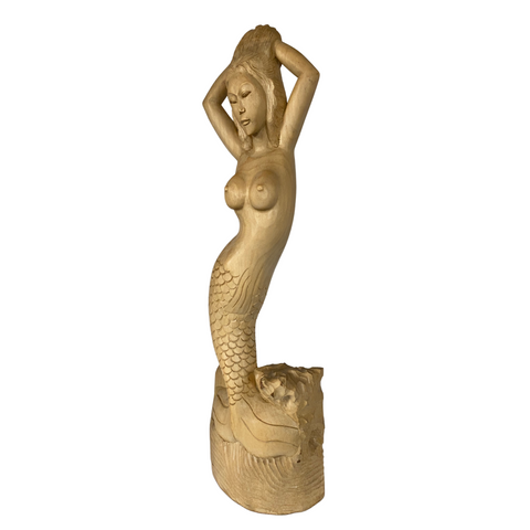 Sexy Mermaid Siren Sculpture Hand Carved Wood Carving Statue Nautical Bali Art